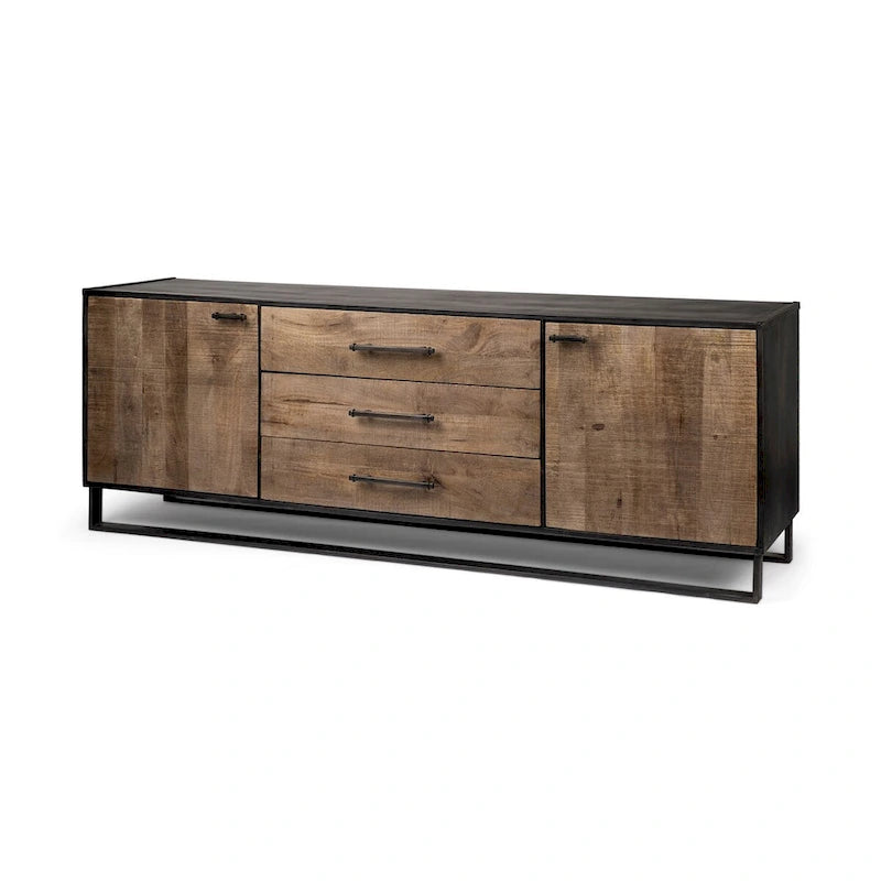 Alvin Brown Solid Wood With Black Metal Frame 3 Drawer 2 Cabinet Door Sideboard - 82.0L x 20.0W x 30.0H