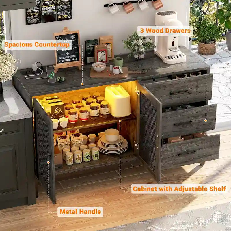 Sideboard Buffet Wood Storage Accent Bar Cabinet with Charge Station and LED Lights - 45.27 W