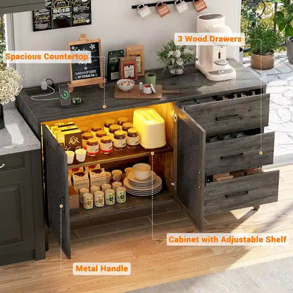 Sideboard Buffet Wood Storage Accent Bar Cabinet with Charge Station and LED Lights - 45.27 W
