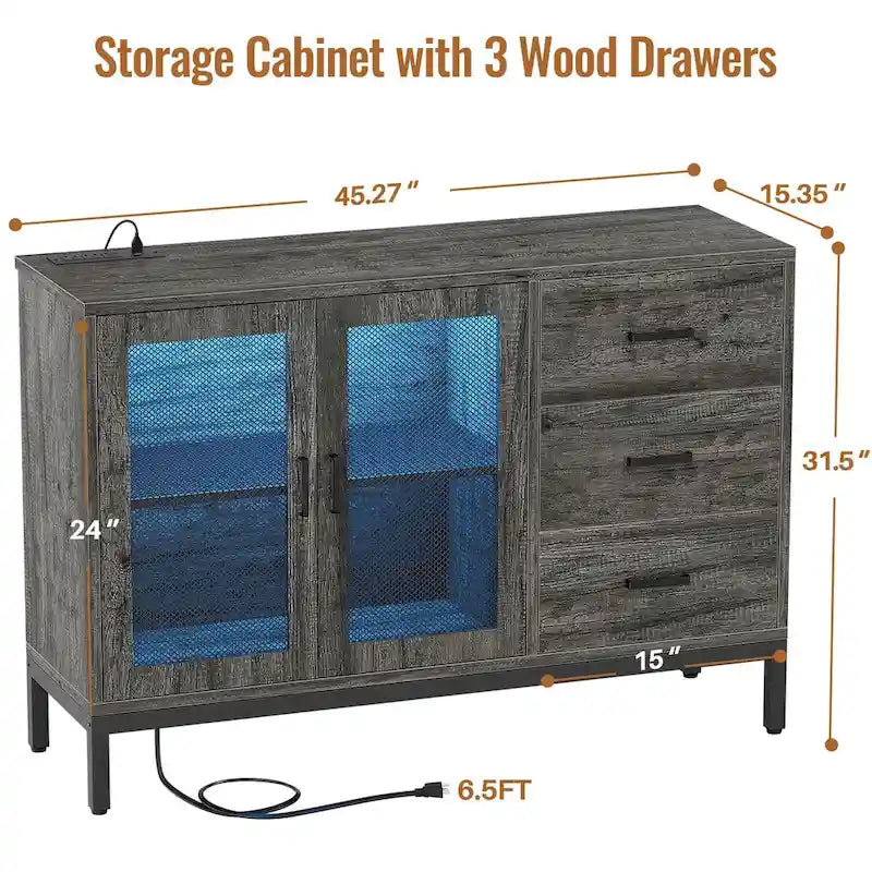 Sideboard Buffet Wood Storage Accent Bar Cabinet with Charge Station and LED Lights - 45.27 W