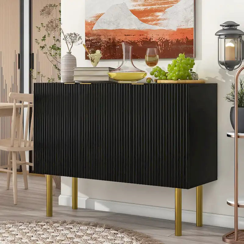 Sideboard Cabinet with Gold Metal Legs, Handles and Adjustable Shelves - 47L x 16.5W x 35.5H