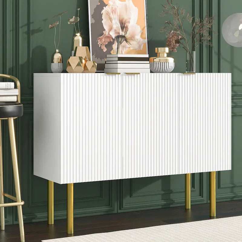 Sideboard Cabinet with Gold Metal Legs, Handles and Adjustable Shelves - 47L x 16.5W x 35.5H