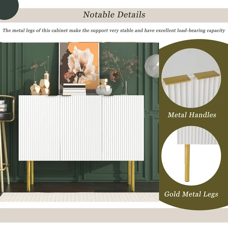 Sideboard Cabinet with Gold Metal Legs, Handles and Adjustable Shelves - 47L x 16.5W x 35.5H