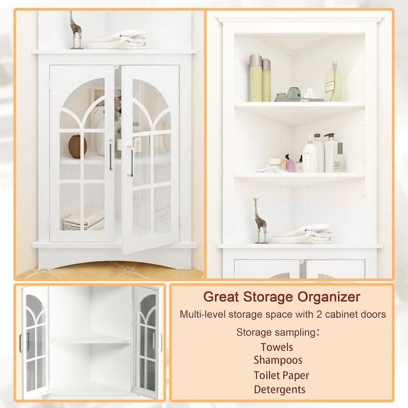 Corner Storage Cabinet, 63.3 Tall Freestanding Bookcase with Doors & Adjustable Shelves, 5-Tier Corner Display Cabinet