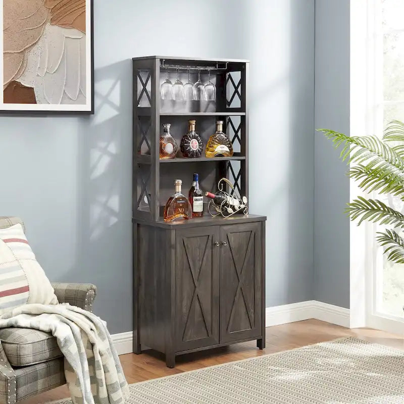 Coffee Bar Cabinet with Microwave Stand Metal Frame Side Home Source Bar Cabinet Cabinet and Hollow out Barn Design Wood Cabinet