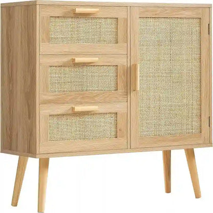 Storage Cabinet with Rattan Door 3 Drawers - 11.8D x 31.5W x 30.7H