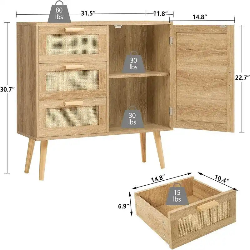 Storage Cabinet with Rattan Door 3 Drawers - 11.8D x 31.5W x 30.7H