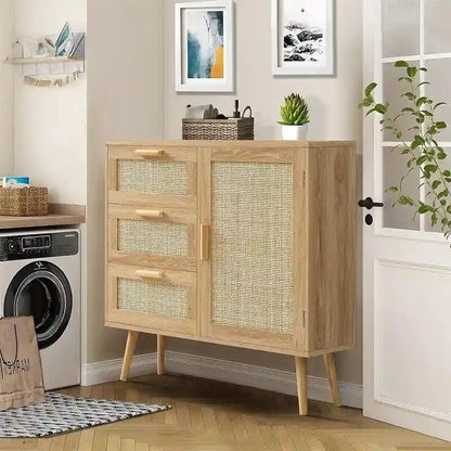 Storage Cabinet with Rattan Door 3 Drawers - 11.8D x 31.5W x 30.7H