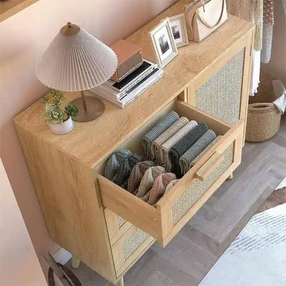 Storage Cabinet with Rattan Door 3 Drawers - 11.8D x 31.5W x 30.7H