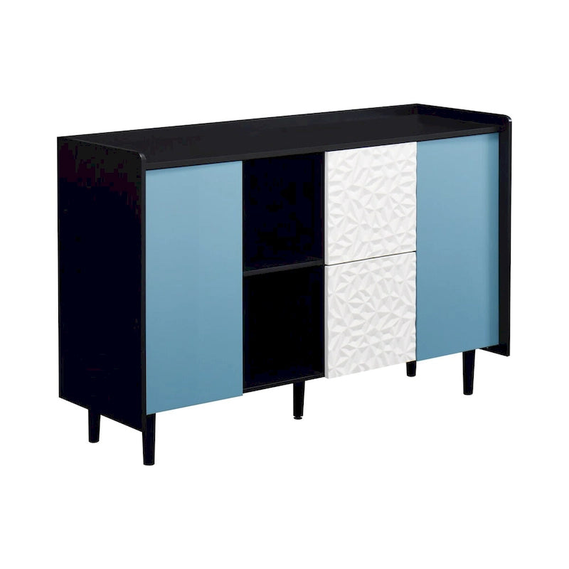 Sideboard Buffet Cabinet,Storage Cabinet with Blue Doors,2 Drawers with unique panel styling and 2 Open Storage Compartment