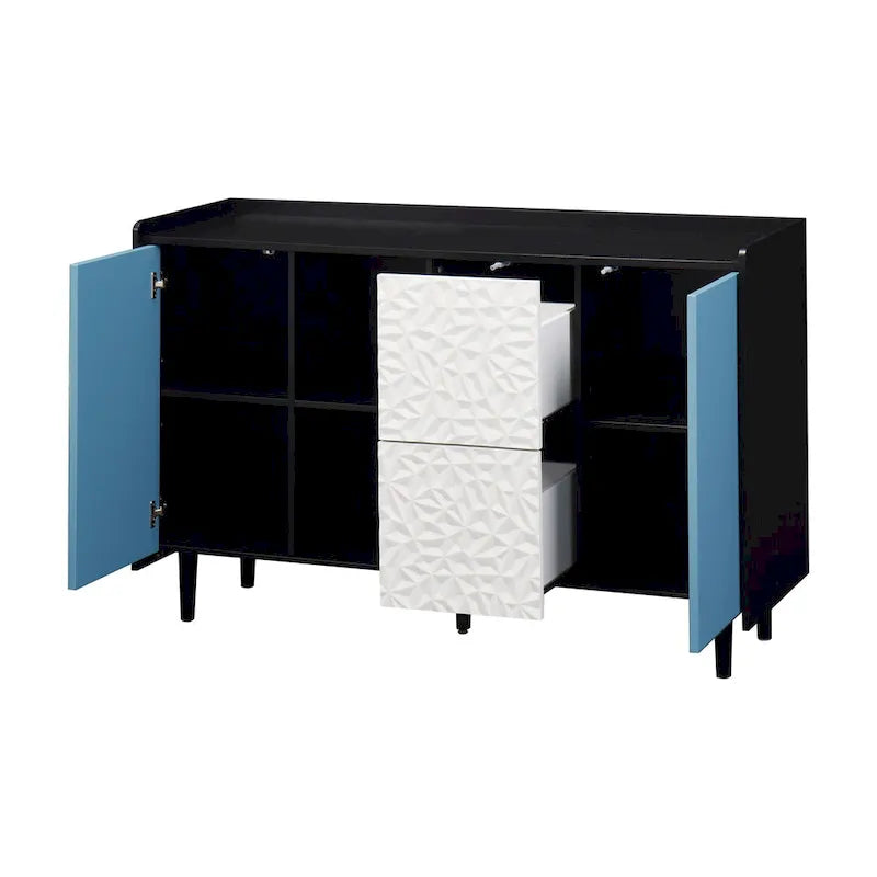 Sideboard Buffet Cabinet,Storage Cabinet with Blue Doors,2 Drawers with unique panel styling and 2 Open Storage Compartment