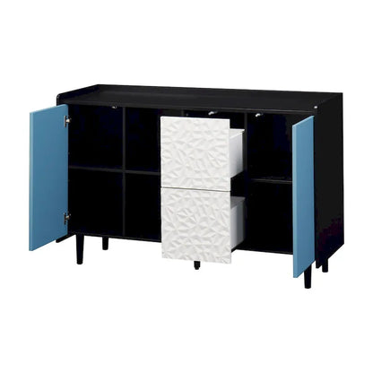 Sideboard Buffet Cabinet,Storage Cabinet with Blue Doors,2 Drawers with unique panel styling and 2 Open Storage Compartment