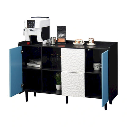 Sideboard Buffet Cabinet,Storage Cabinet with Blue Doors,2 Drawers with unique panel styling and 2 Open Storage Compartment