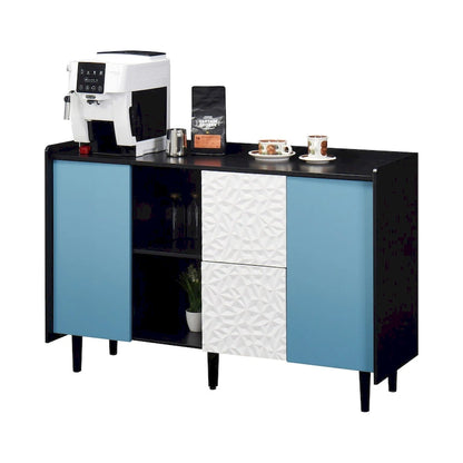 Sideboard Buffet Cabinet,Storage Cabinet with Blue Doors,2 Drawers with unique panel styling and 2 Open Storage Compartment