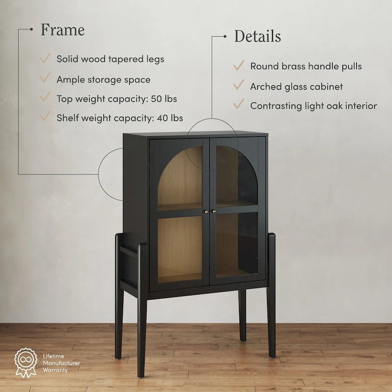 Shadow Mid-Century Modern Credenza or Sideboard Cabinet with Glass Doors, Kitchen Pantry Storage Cabinet with Wooden Frame