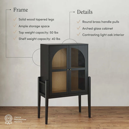 Shadow Mid-Century Modern Credenza or Sideboard Cabinet with Glass Doors, Kitchen Pantry Storage Cabinet with Wooden Frame