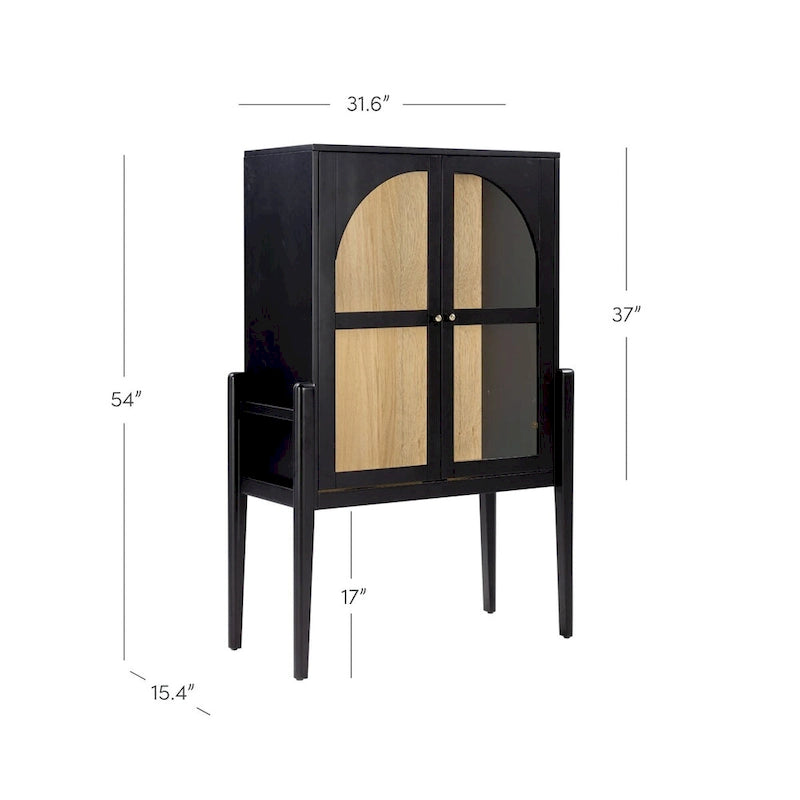 Shadow Mid-Century Modern Credenza or Sideboard Cabinet with Glass Doors, Kitchen Pantry Storage Cabinet with Wooden Frame