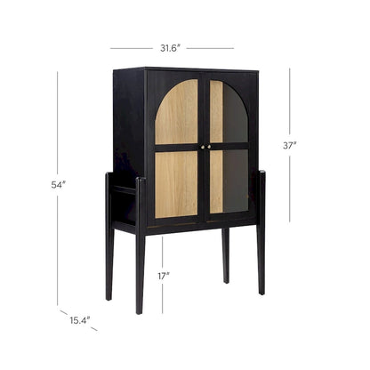 Shadow Mid-Century Modern Credenza or Sideboard Cabinet with Glass Doors, Kitchen Pantry Storage Cabinet with Wooden Frame