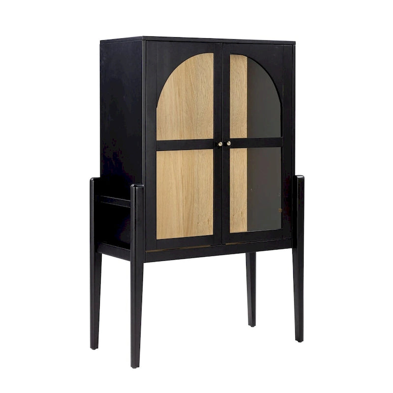 Shadow Mid-Century Modern Credenza or Sideboard Cabinet with Glass Doors, Kitchen Pantry Storage Cabinet with Wooden Frame