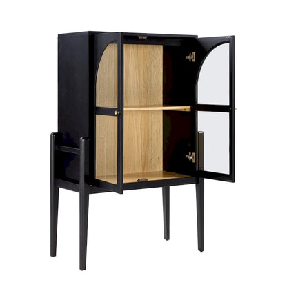 Shadow Mid-Century Modern Credenza or Sideboard Cabinet with Glass Doors, Kitchen Pantry Storage Cabinet with Wooden Frame