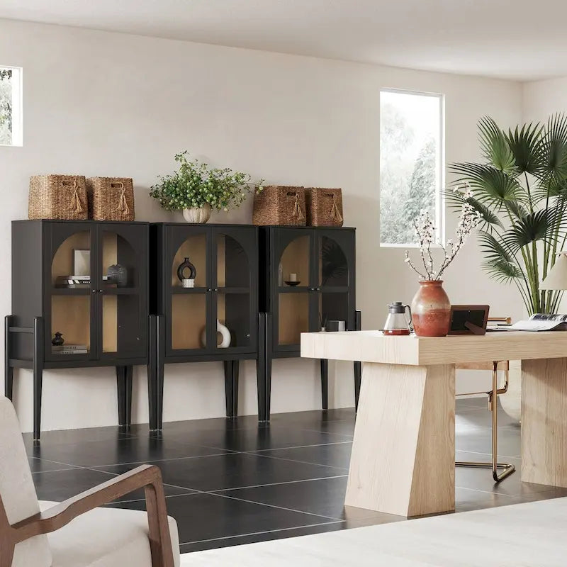 Shadow Mid-Century Modern Credenza or Sideboard Cabinet with Glass Doors, Kitchen Pantry Storage Cabinet with Wooden Frame