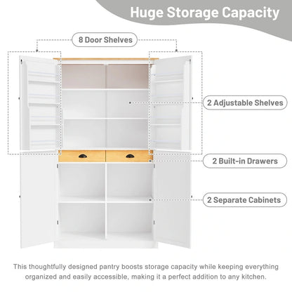 40.2x20x71.3inch High Freestanding Kitchen Pantry Large Cupboard Storage Cabinet with 2 Drawers, 2 Adjustable 8 Door Shelves