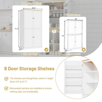 40.2x20x71.3inch High Freestanding Kitchen Pantry Large Cupboard Storage Cabinet with 2 Drawers, 2 Adjustable 8 Door Shelves