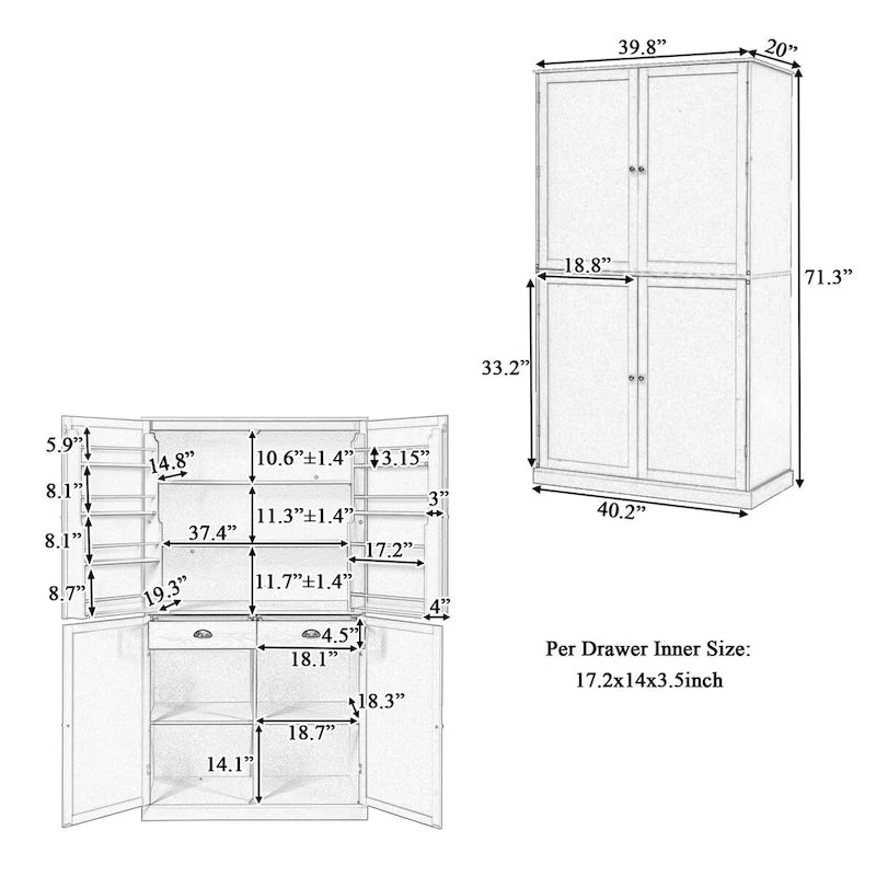 40.2x20x71.3inch High Freestanding Kitchen Pantry Large Cupboard Storage Cabinet with 2 Drawers, 2 Adjustable 8 Door Shelves