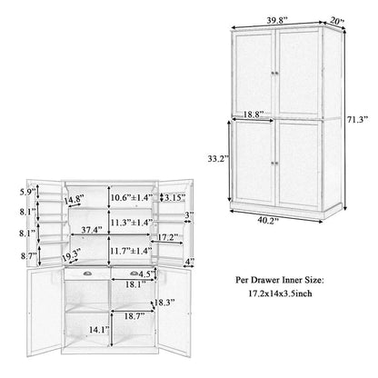 40.2x20x71.3inch High Freestanding Kitchen Pantry Large Cupboard Storage Cabinet with 2 Drawers, 2 Adjustable 8 Door Shelves
