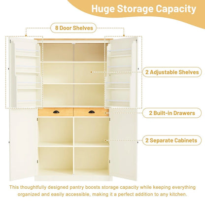 40.2x20x71.3inch High Freestanding Kitchen Pantry Large Cupboard Storage Cabinet with 2 Drawers, 2 Adjustable 8 Door Shelves
