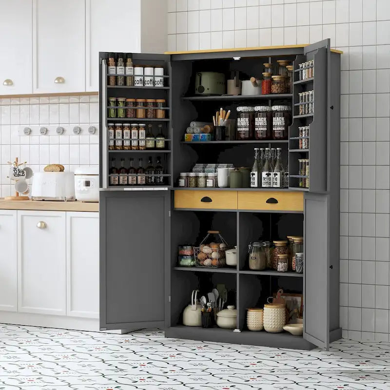 40.2x20x71.3inch High Freestanding Kitchen Pantry Large Cupboard Storage Cabinet with 2 Drawers, 2 Adjustable 8 Door Shelves