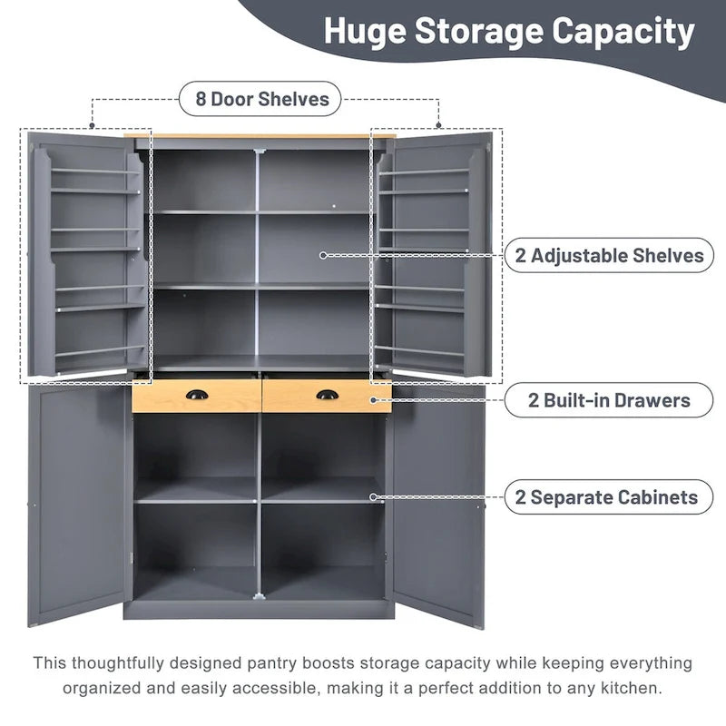 40.2x20x71.3inch High Freestanding Kitchen Pantry Large Cupboard Storage Cabinet with 2 Drawers, 2 Adjustable 8 Door Shelves
