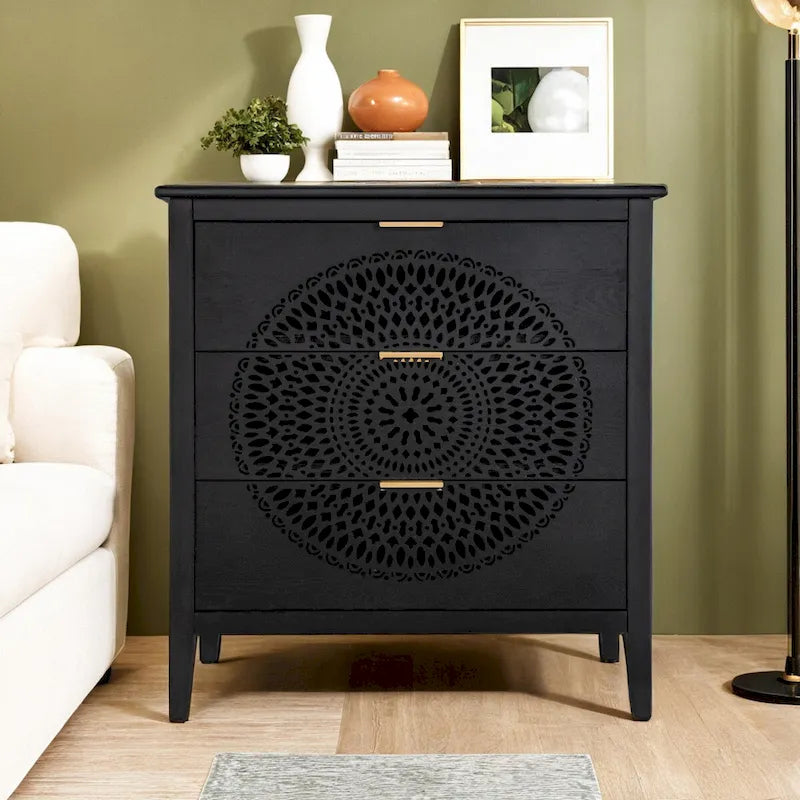 3 Drawer Cabinet with Hollow-Carved 3 Drawer Dresser Storage Chest with Metal Handles For Entryway Living Room Bedroom