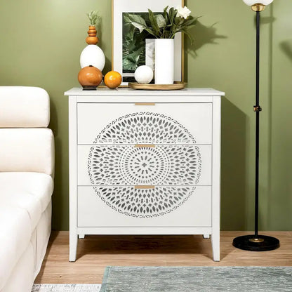 3 Drawer Cabinet with Hollow-Carved 3 Drawer Dresser Storage Chest with Metal Handles For Entryway Living Room Bedroom