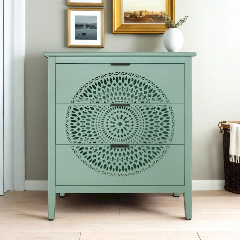 3 Drawer Cabinet with Hollow-Carved 3 Drawer Dresser Storage Chest with Metal Handles For Entryway Living Room Bedroom