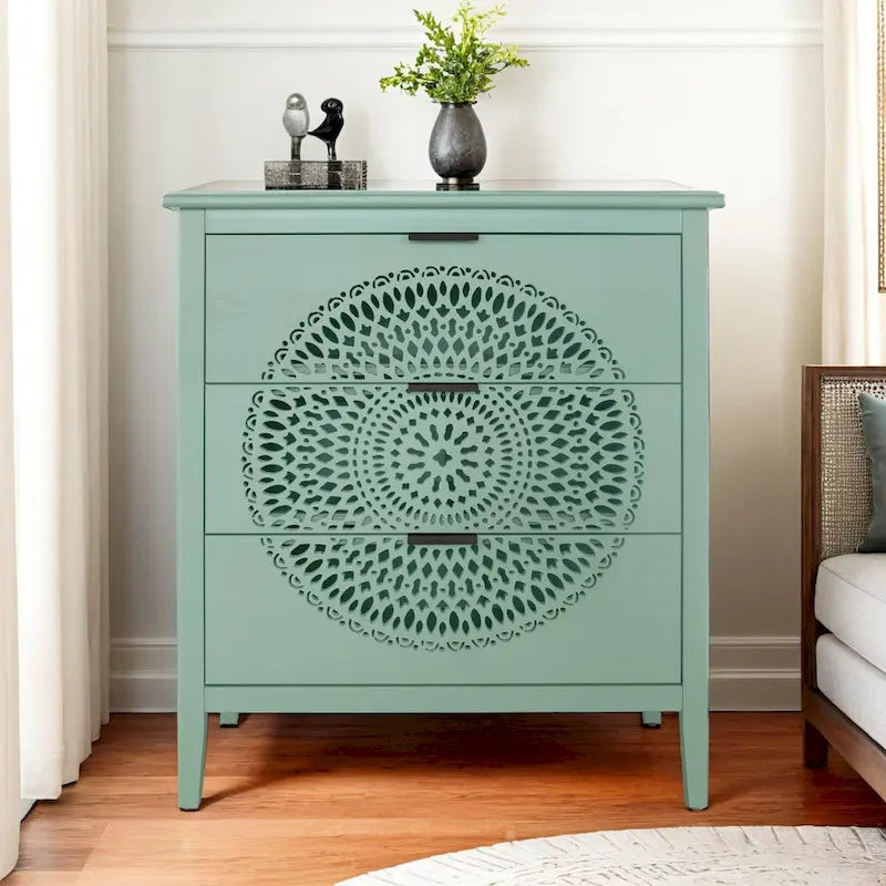 3 Drawer Cabinet with Hollow-Carved 3 Drawer Dresser Storage Chest with Metal Handles For Entryway Living Room Bedroom