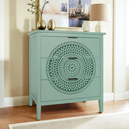3 Drawer Cabinet with Hollow-Carved 3 Drawer Dresser Storage Chest with Metal Handles For Entryway Living Room Bedroom