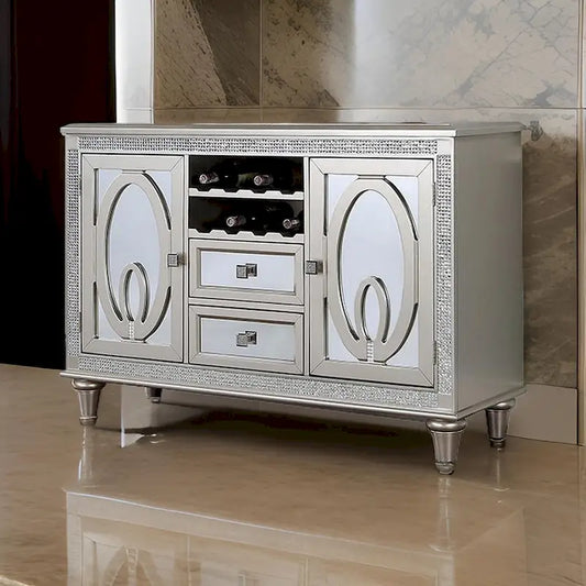 Cate 54 Inch Buffet Server Console, 2 Doors, Wine Rack, Mirrored, Silver
