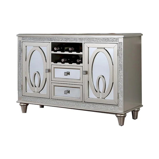 Cate 54 Inch Buffet Server Console, 2 Doors, Wine Rack, Mirrored, Silver
