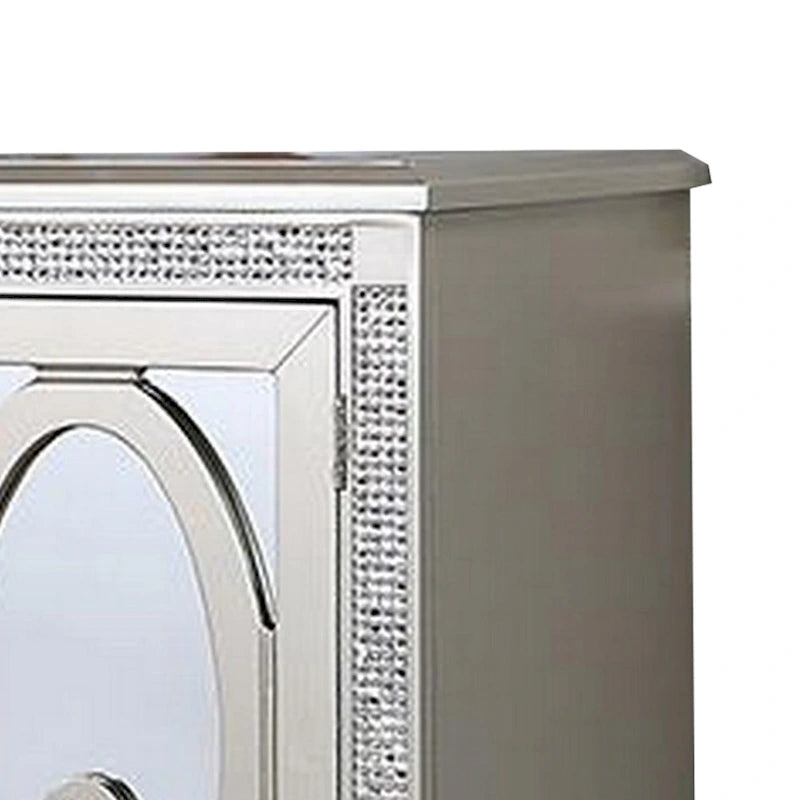 Cate 54 Inch Buffet Server Console, 2 Doors, Wine Rack, Mirrored, Silver