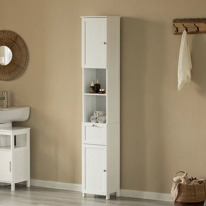 White Tall Standing Bathroom Linen Tower Storage Cabinet