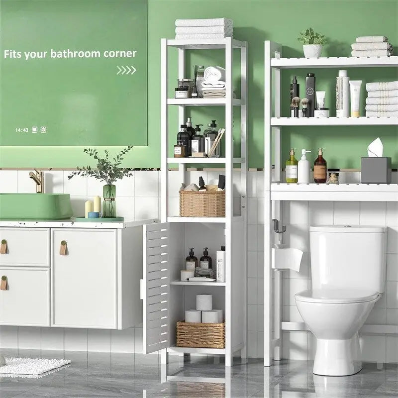 6 Tier 67 Inch Tall Floor Standing Slim Cabinet Organizer with Shutter Door and Open Shelves - 12.99D x 13.39W x 66.54H