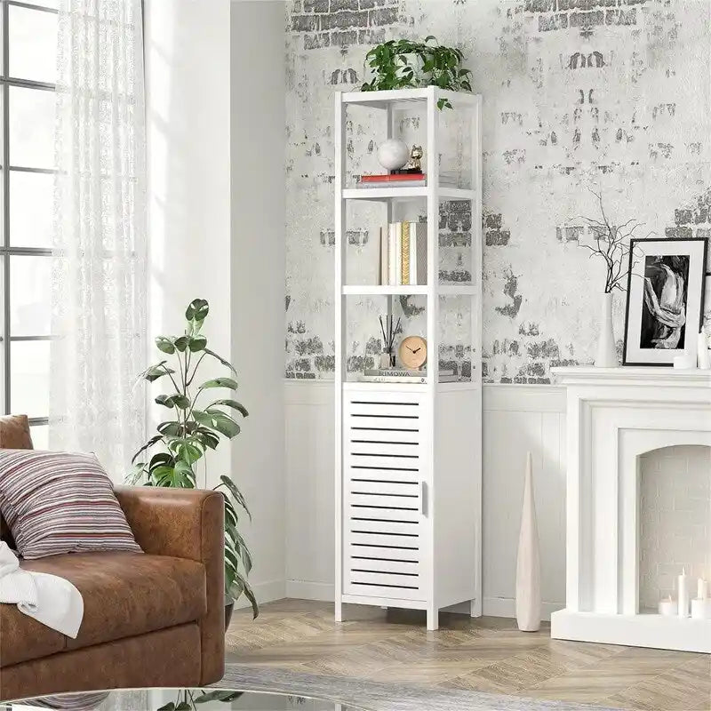 6 Tier 67 Inch Tall Floor Standing Slim Cabinet Organizer with Shutter Door and Open Shelves - 12.99D x 13.39W x 66.54H