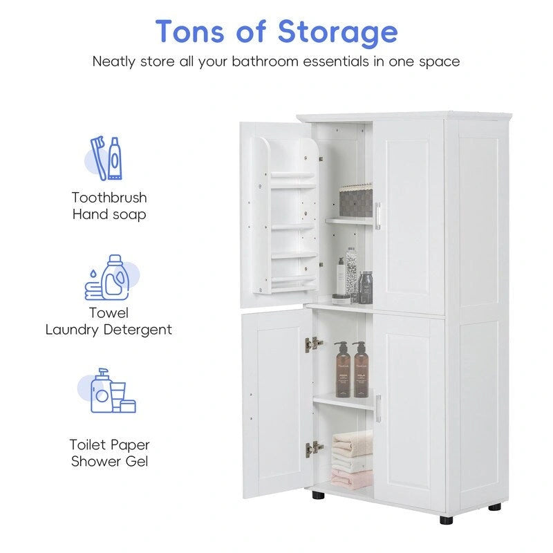 Freestanding Bathroom Storage Cabinet with 4 Doors, Adjustable Shelves