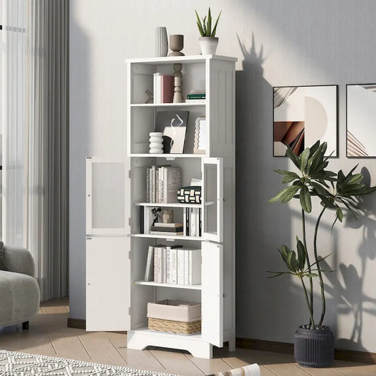White Tall Storage Cabinet with Shelves and Doors for Bathroom, Kitchen and Living Room, MDF Board