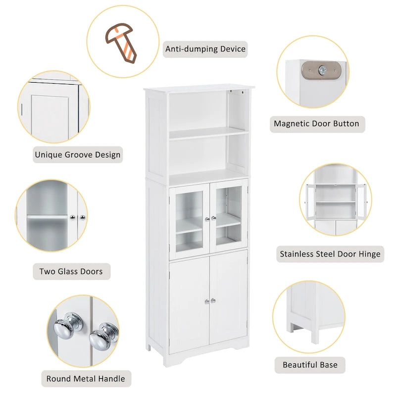 White Tall Storage Cabinet with Shelves and Doors for Bathroom, Kitchen and Living Room, MDF Board