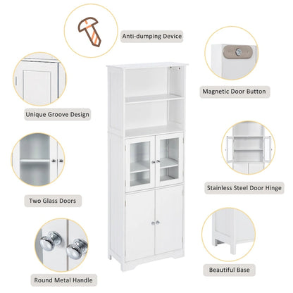 White Tall Storage Cabinet with Shelves and Doors for Bathroom, Kitchen and Living Room, MDF Board