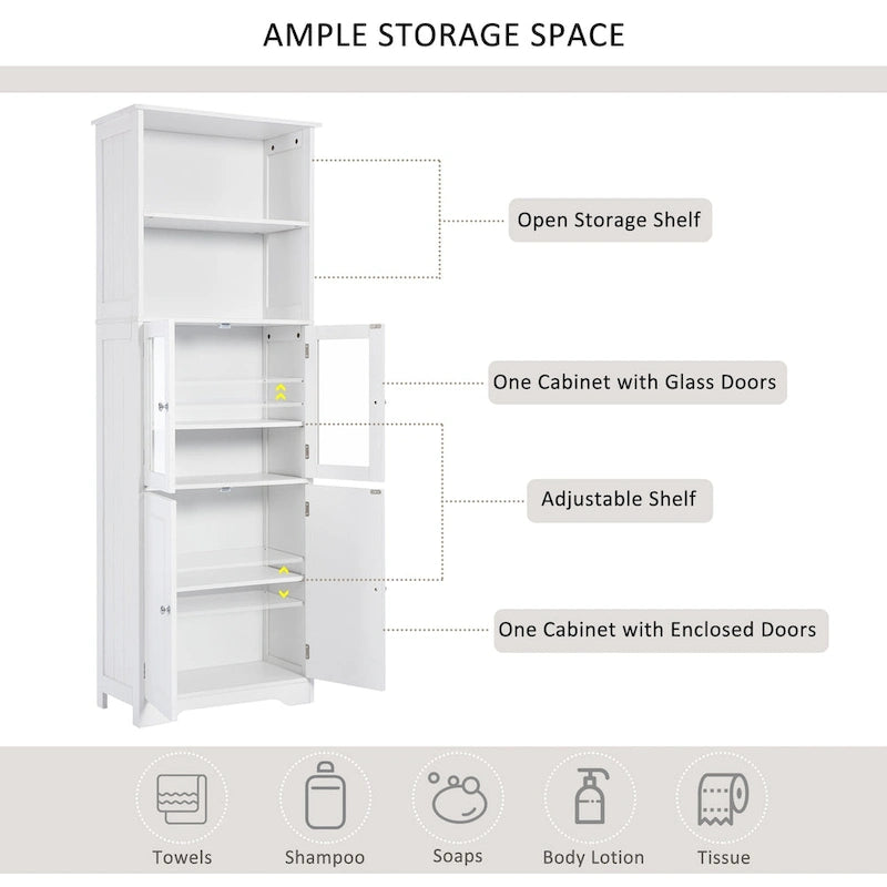 White Tall Storage Cabinet with Shelves and Doors for Bathroom, Kitchen and Living Room, MDF Board