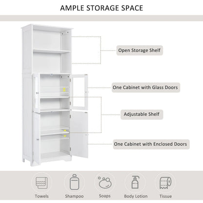 White Tall Storage Cabinet with Shelves and Doors for Bathroom, Kitchen and Living Room, MDF Board