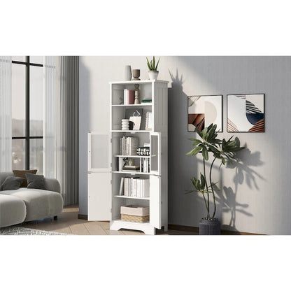 White Tall Storage Cabinet with Shelves and Doors for Bathroom, Kitchen and Living Room, MDF Board